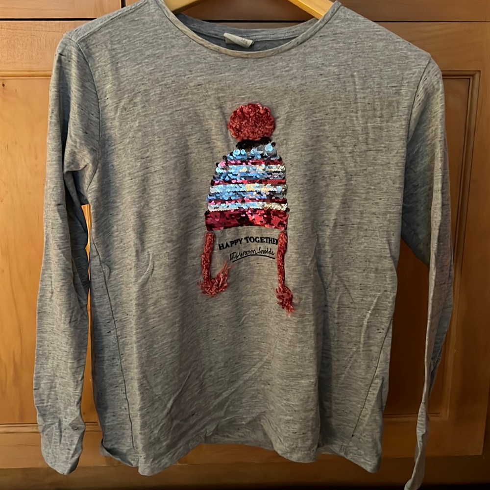 NWOT Zara Girls “Happy Together” long sleeve shirt w/ Flipping Sequins (13-14)
